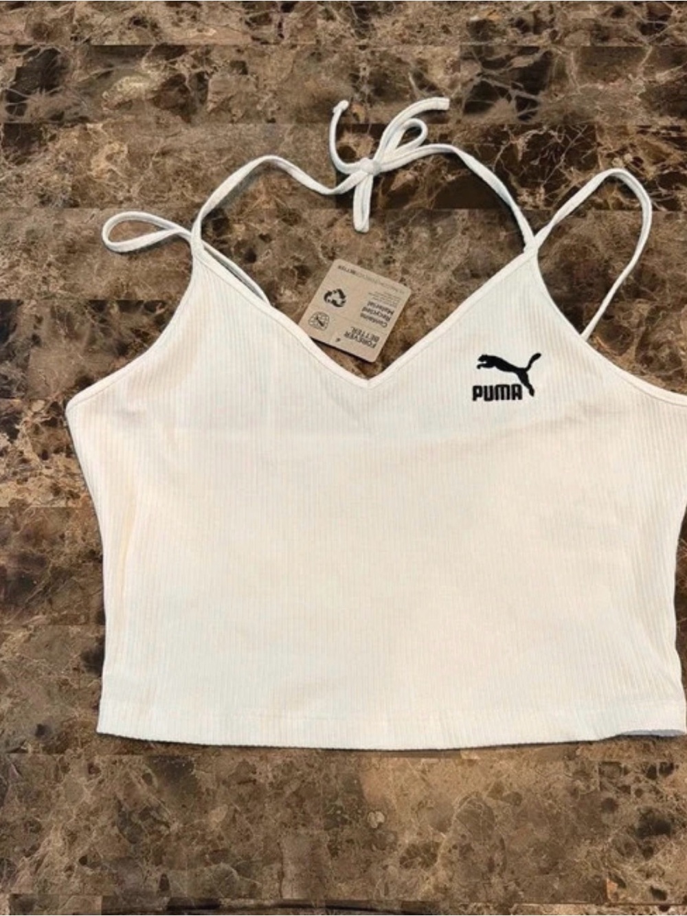 Puma White Ribbed V-Neck Halter Crop Tank